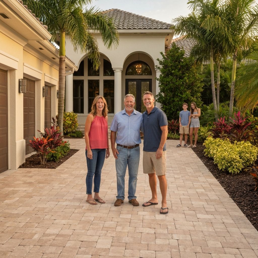 Happy Florida homeowners enjoying their newly sealed paver driveway