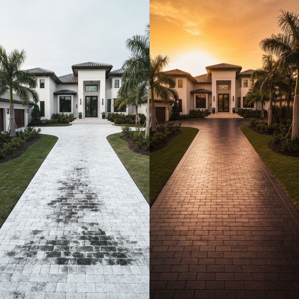Professional paver restoration before and after — South Florida luxury driveway